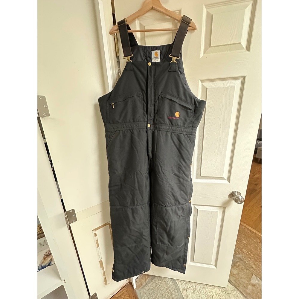 Vintage Carhartt R12 Arctic Quilt Lined Bib Overalls 42x30 Black Made in USA